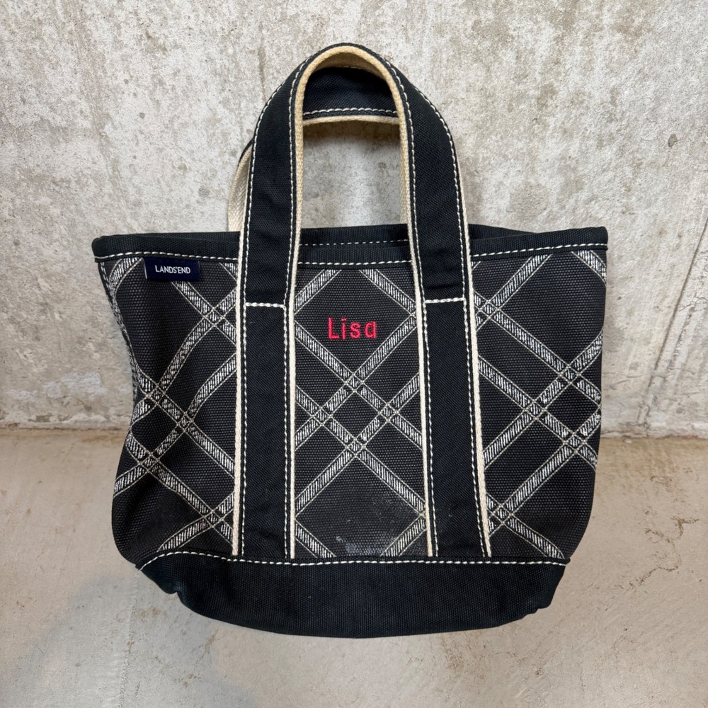 Lands End Canvas Tote Bag Black White Plaid Lisa Embroidery Small